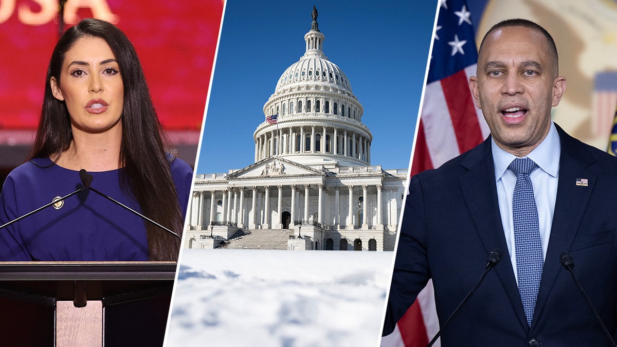 A split image of Anna Paulina Luna, Hakeem Jeffries, and the U.S. Capitol