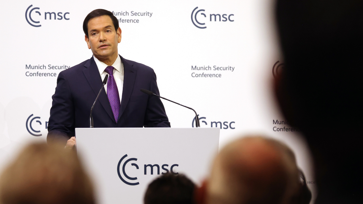 U.S. Secretary of State Marco Rubio addresses the Munich Security Conference in Munich, Germany.