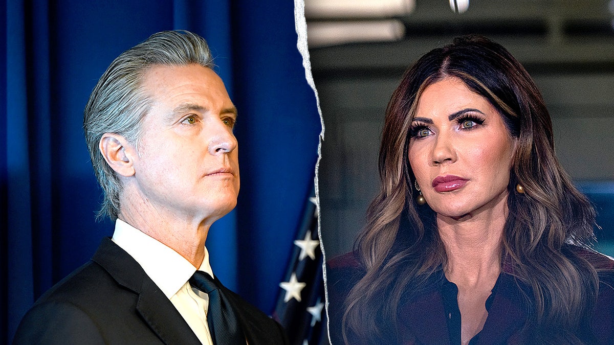 Split-screen image showing California Gov. Gavin Newsom on the left and Homeland Security Secretary Kristi Noem on the right.