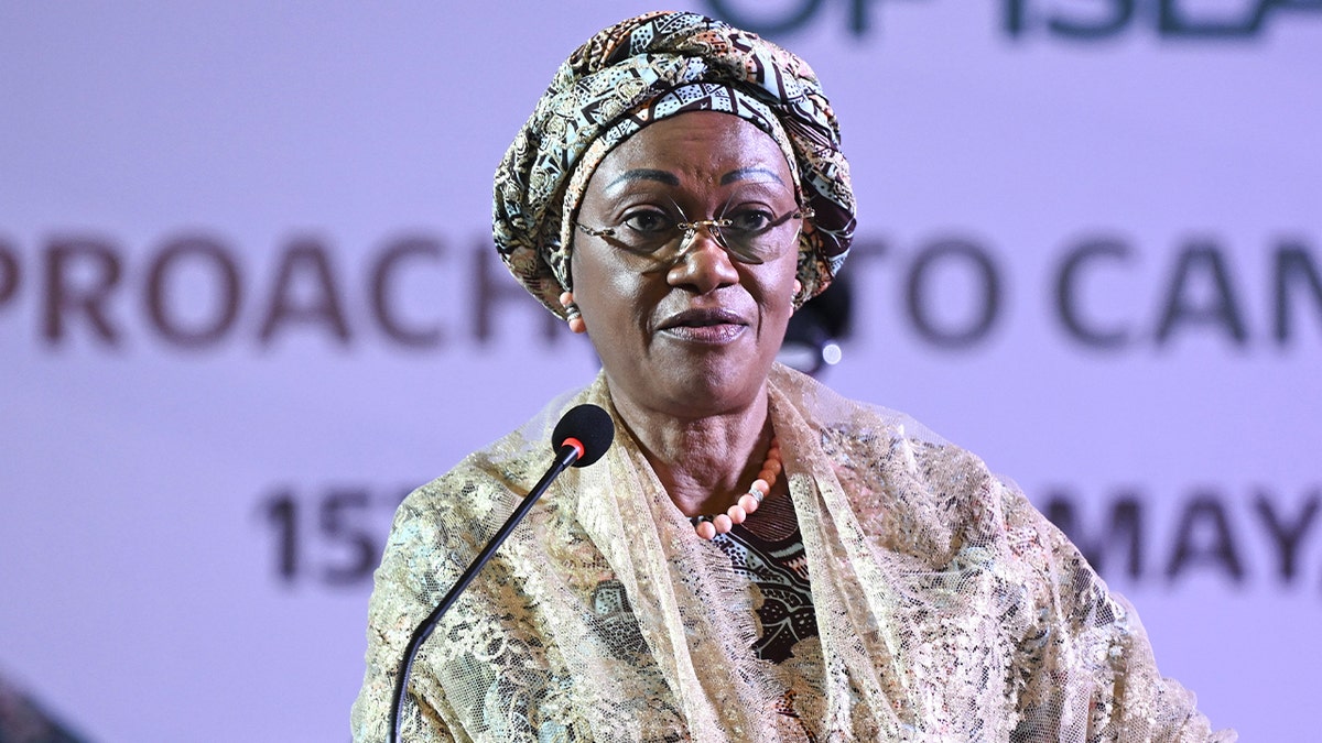 First Lady of Nigeria Oluremi Tinubu makes a speech during the program for Promoting Awareness Against Cancer in Organization of Islamic Cooperation (OIC) African Member States in Abuja, Nigeria on May 16, 2024.