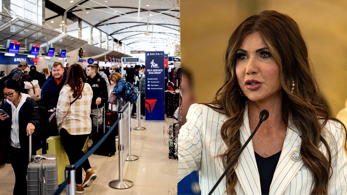 DHS Secretary Kristi Noem featured next to an airport security line.