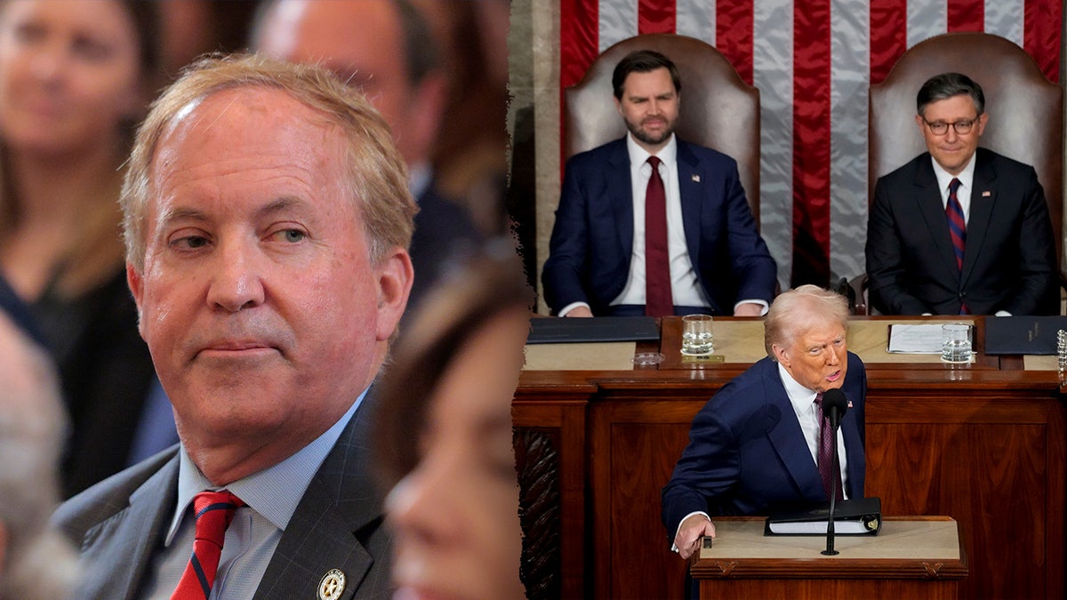 A split image of Texas Attorney General Ken Paxton and President Trump's 2025 joint address to Congress