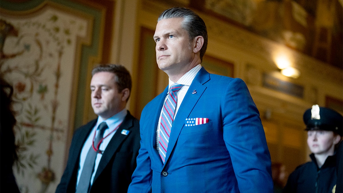 Pete Hegseth walks through the Capitol complex ahead of a closed-door briefing.