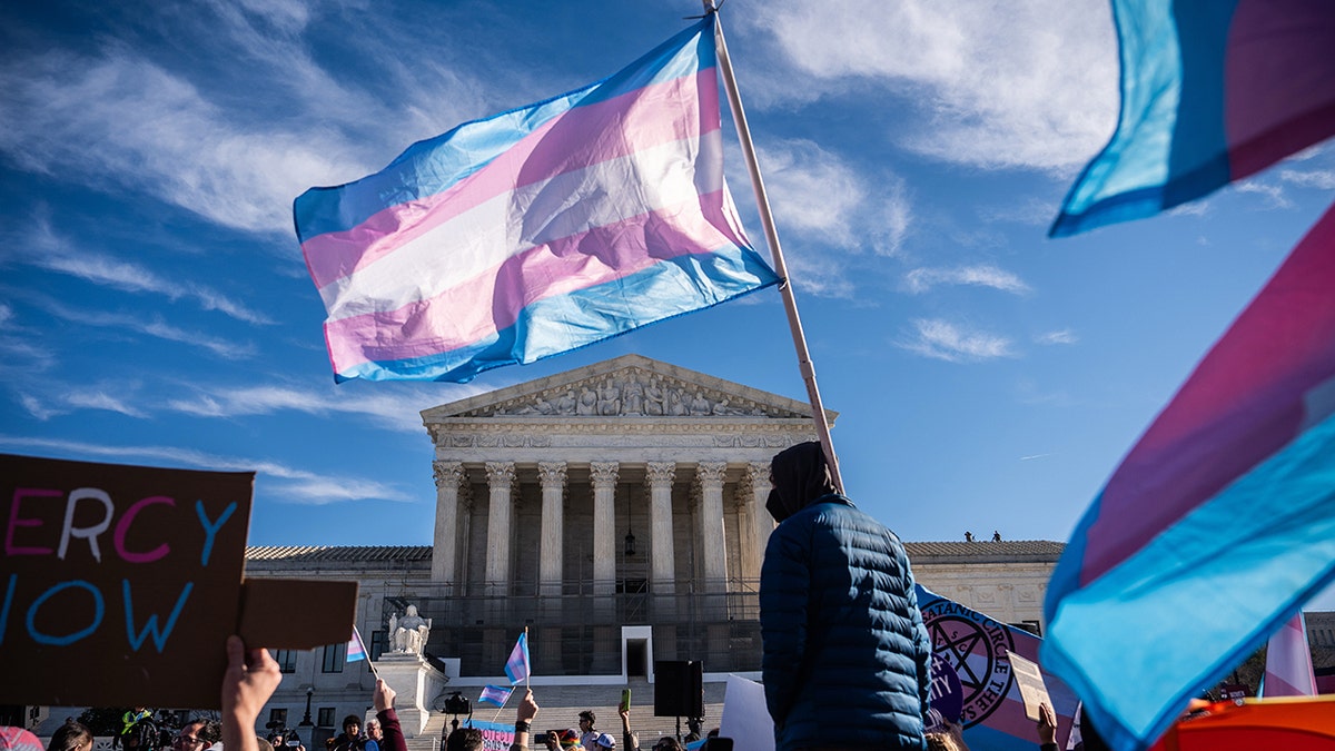 Transgender sports law protesters gather at the Supreme Court