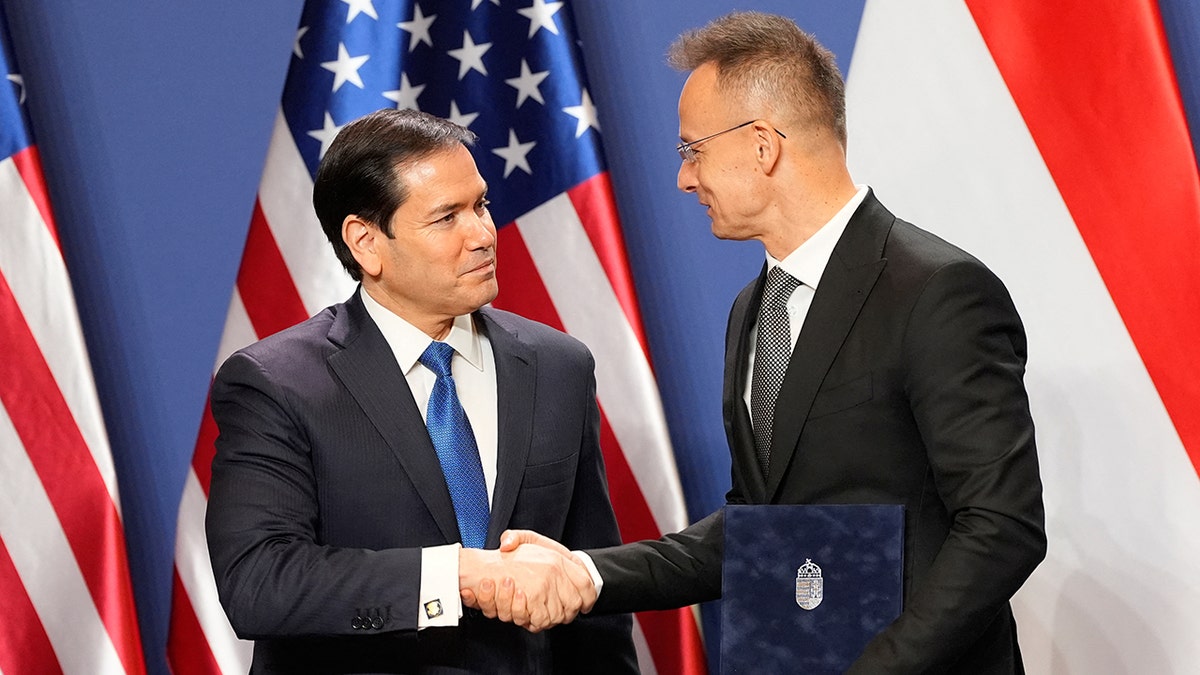 Sec. of State Marco Rubio shakes hands with Hungarian Foreign Minister Peter Szijjarto