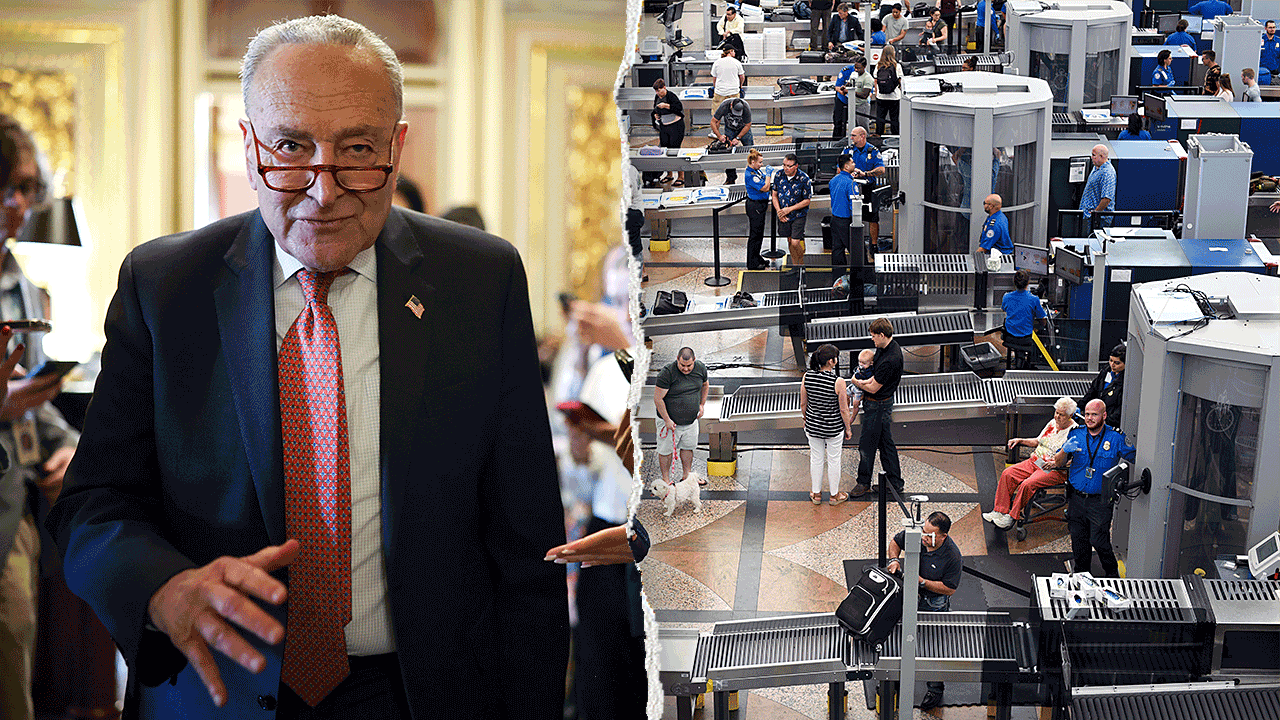 Split image of Schumer and TSA security checkpoint