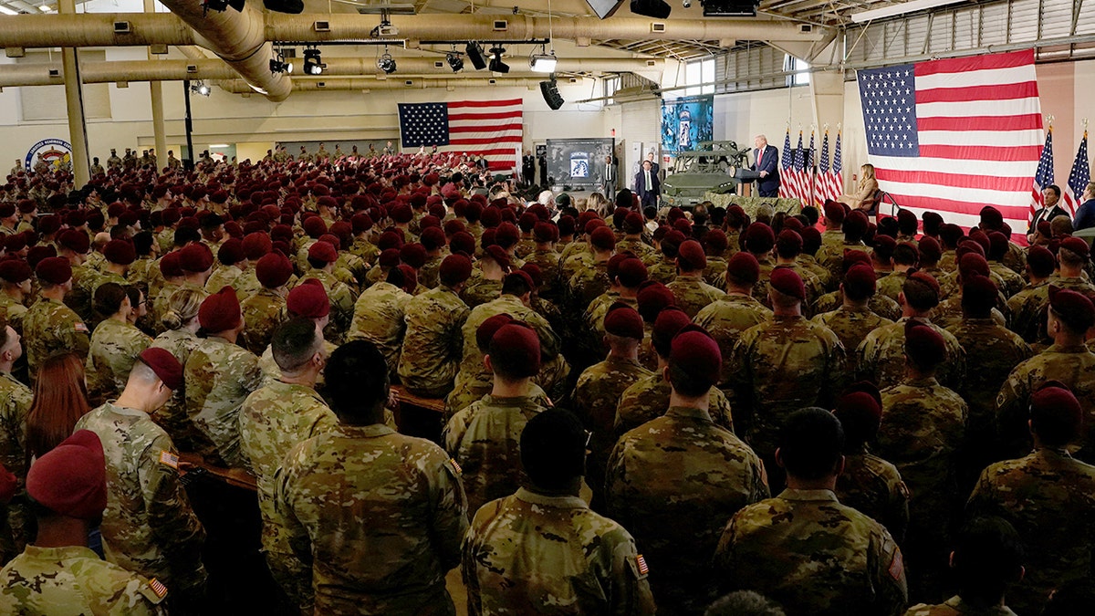 U.S. President Donald Trump delivers remarks to military families at Fort Bragg, North Carolina, U.S., February 13, 2026