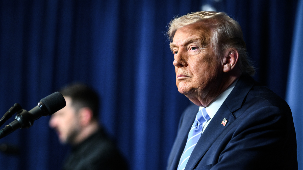 President Donald Trump participates in a joint press conference alongside Ukranian President Volodymyr Zelensky at Mar-a-Lago.