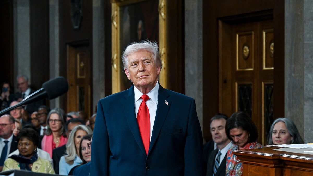 U.S. President Donald Trump arrives to deliver the State of the Union address during a joint session of Congress in the House Chamber at the Capitol on February 24, 2026 in Washington, DC.