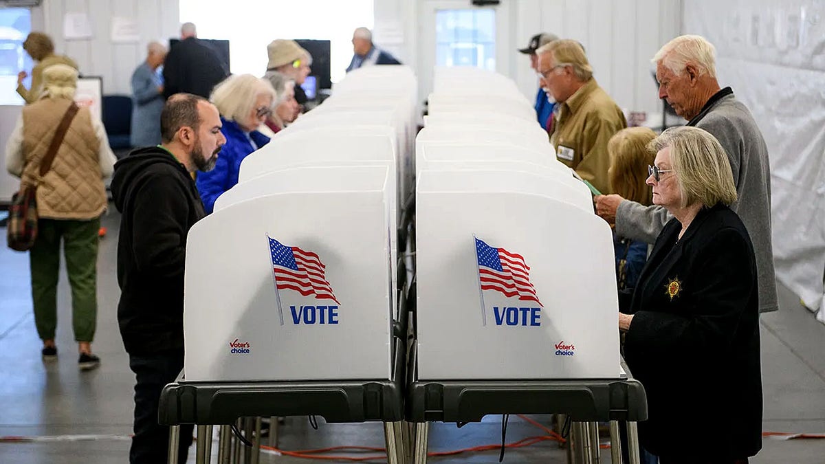 People vote at a row of paneled booths inside a polling location.
