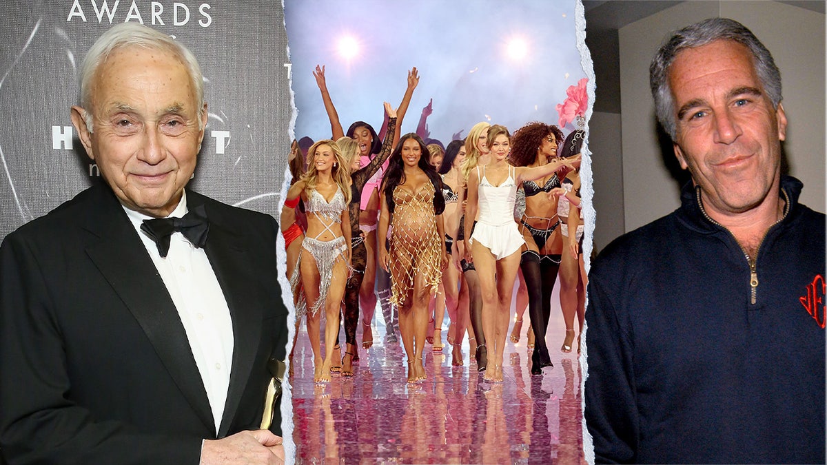 A three-way split of Leslie Wexner, Jeffrey Epstein, and a Victoria's Secret runway show