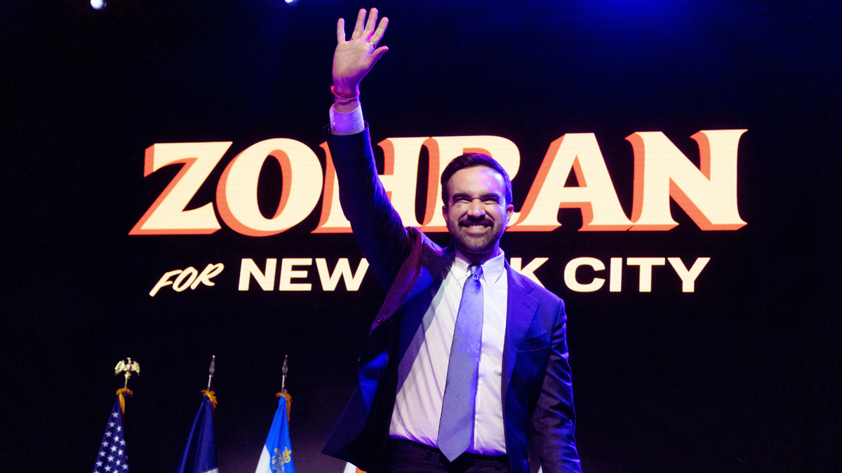 Democratic New York City mayoral candidate Zohran Mamdani waves to supporters after being elected the next mayor of New York City.