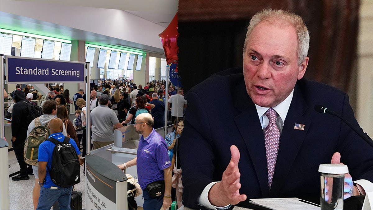 A split image of an airport security line and House Majority Leader Steve Scalise