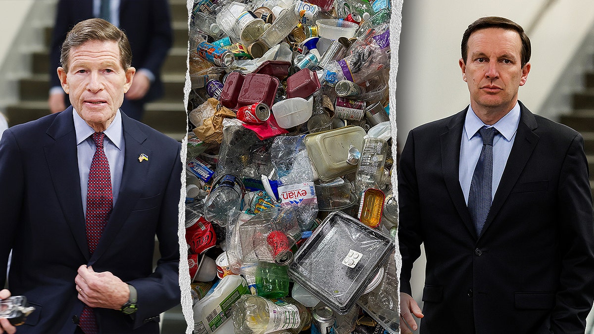US Senators from Connecticut, Richard Blumenthal and Chris Murphy, pictured alongside a pile of recyclable trash