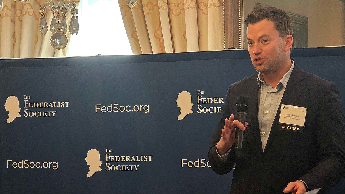 America First Legal President Gene Hamilton talks at Federalist Society event.
