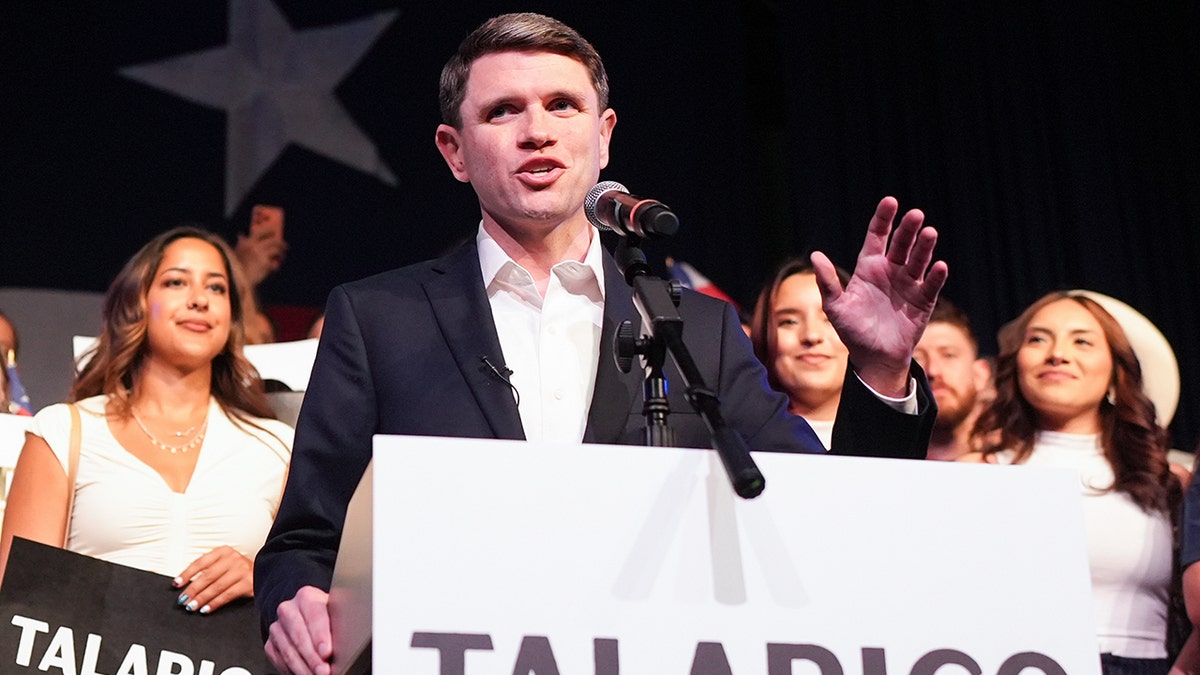 James Talarico speaking at a primary election watch party in Austin, Texas.