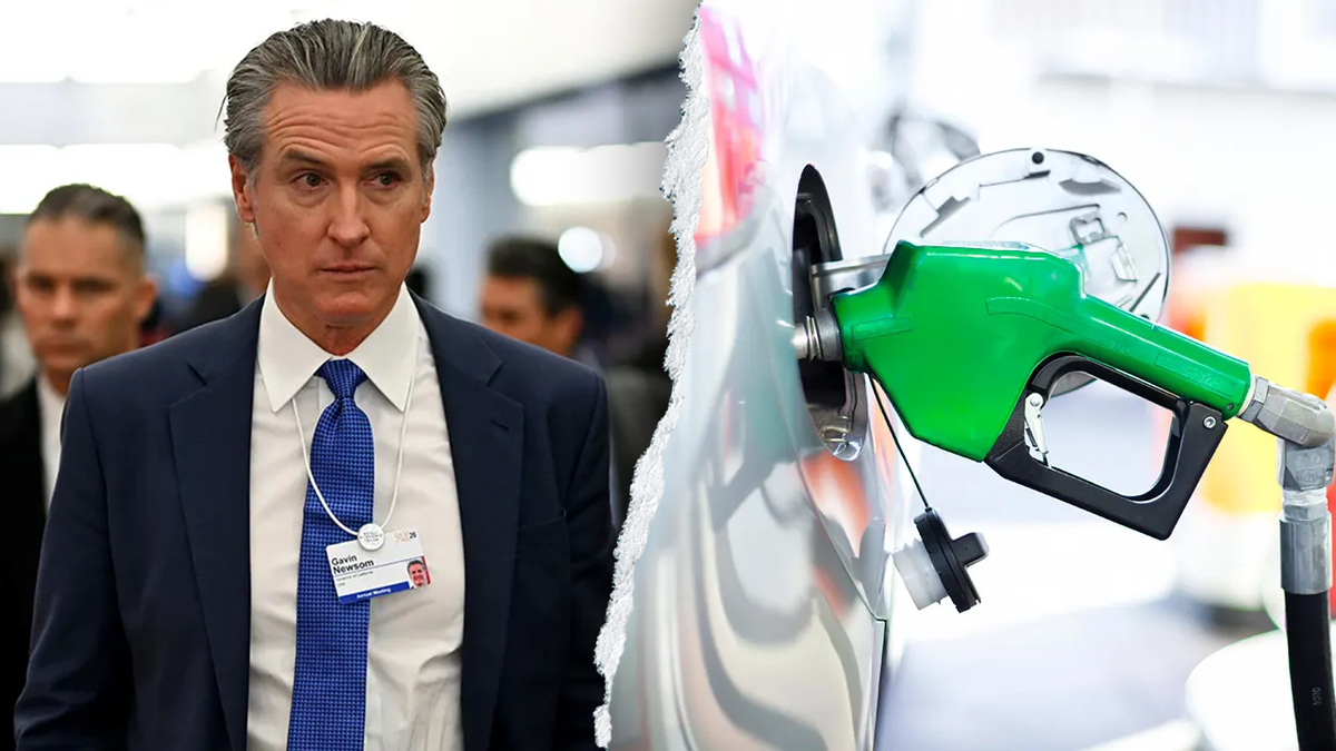 A split image showing Gavin Newsom and a gas pump