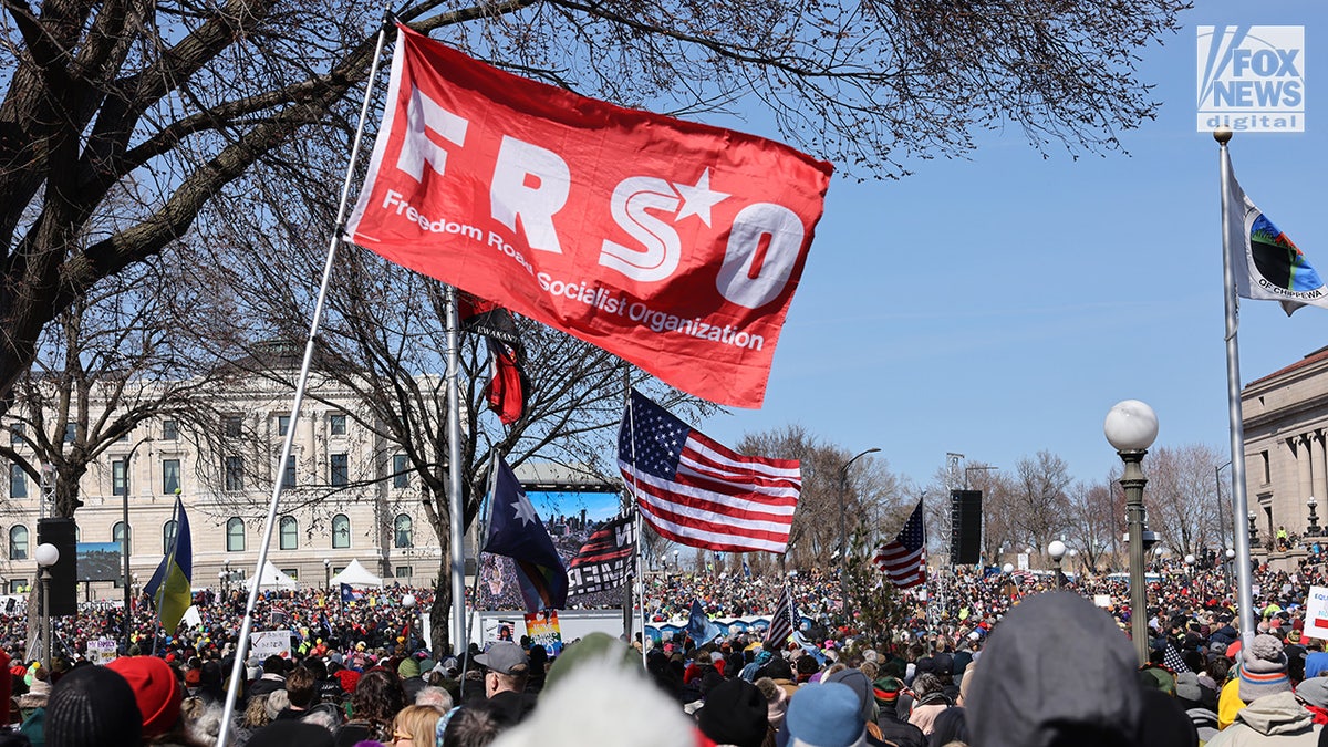 Freedom Road Socialist Organization hoists its flag at the No Kings rally