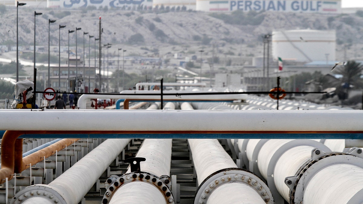 Export oil pipelines run across an industrial facility on Kharg Island along Iran’s Persian Gulf coast.