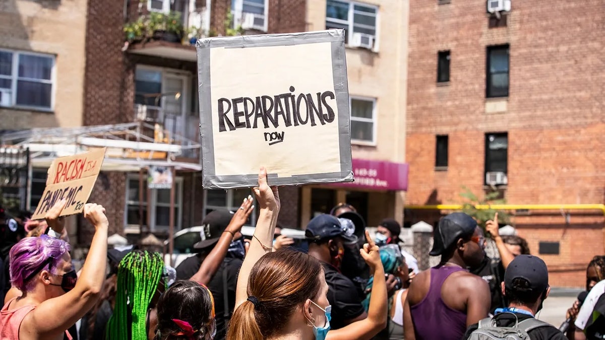 A protestor holds a sign in a crowd that says "reparations."