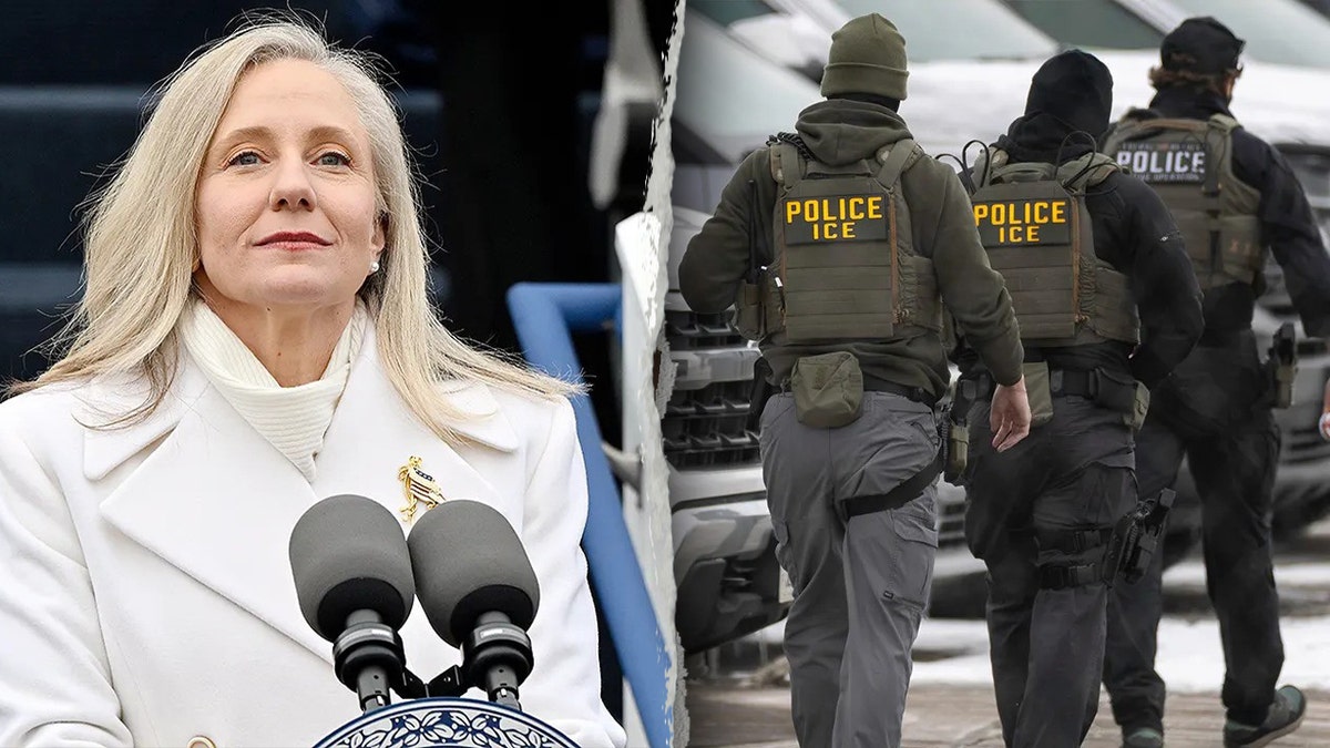 Virginia Democrat Gov. Abigail Spanberger next to federal immigration officials