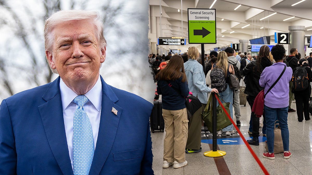 A split image of President Donald Trump and lines at the airport