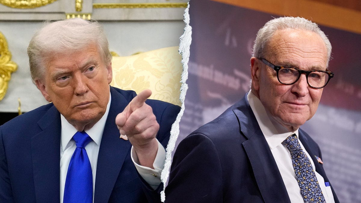 a split image of President Donald Trump and Sen. Chuck Schumer