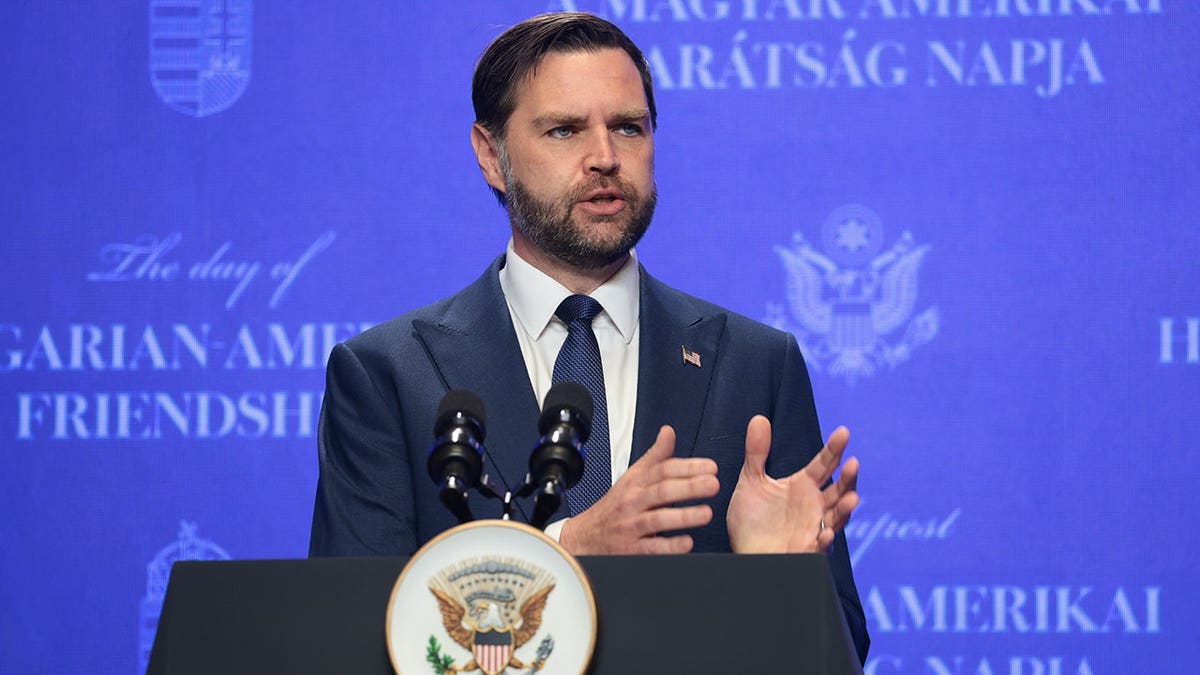 U.S. Vice President JD Vance speaking at a press conference with Hungarian Prime Minister Viktor Orban in Budapest