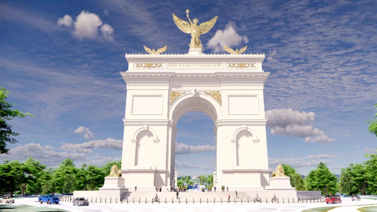 Artistic rendering of the 'Triumphal Arch' in Washington, D.C. featuring the phrase "ONE NATION UNDER GOD."