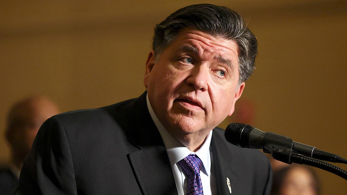 Illinois Gov. JB Pritzker answering questions at Union Station in Chicago