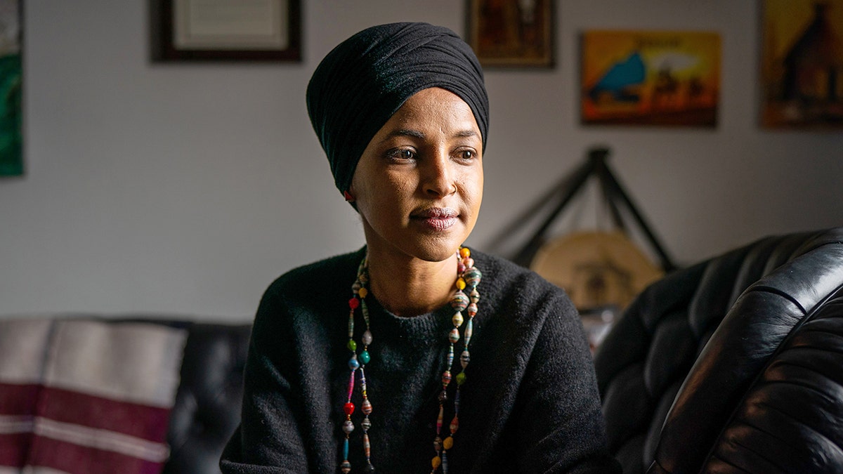 U.S. Rep. Ilhan Omar posing for a portrait in her Capitol Hill office