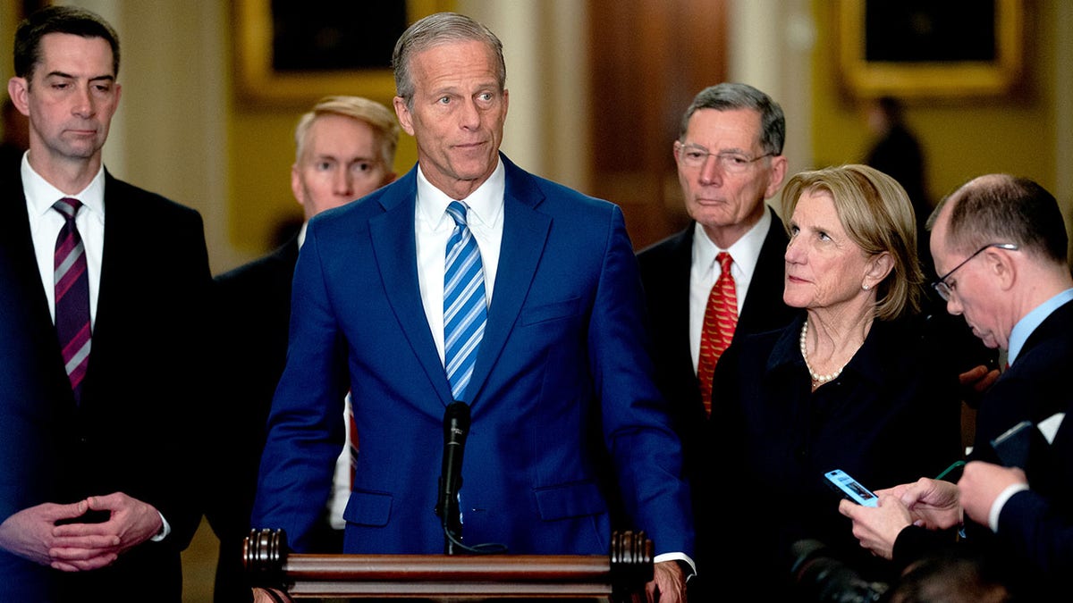 Senate Majority Leader John Thune speaking at a news conference with Republican senators at the US Capitol