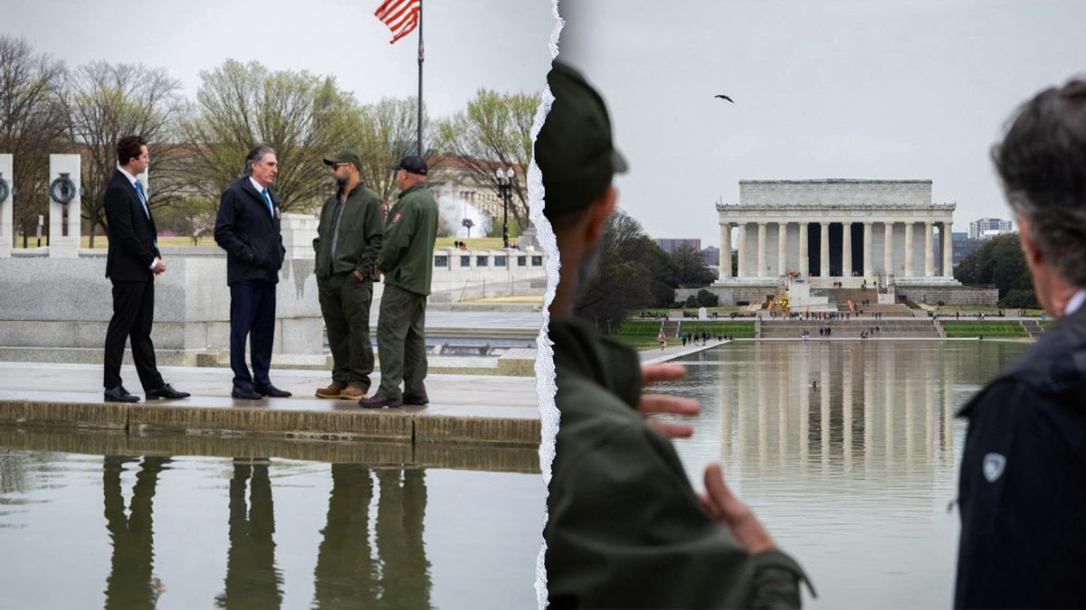 Doug Burgum standing near a reflecting pool outdoors
