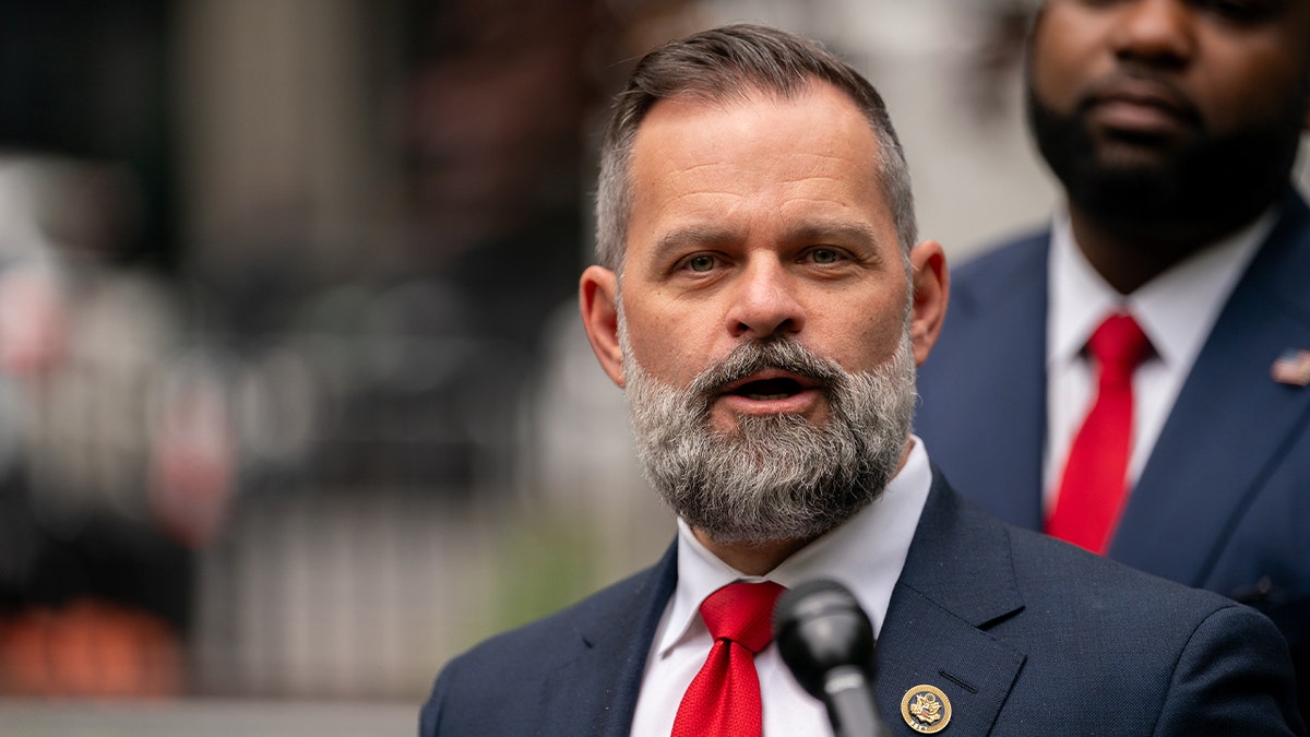 Rep. Cory Mills speaking outside Manhattan Criminal Court in New York City