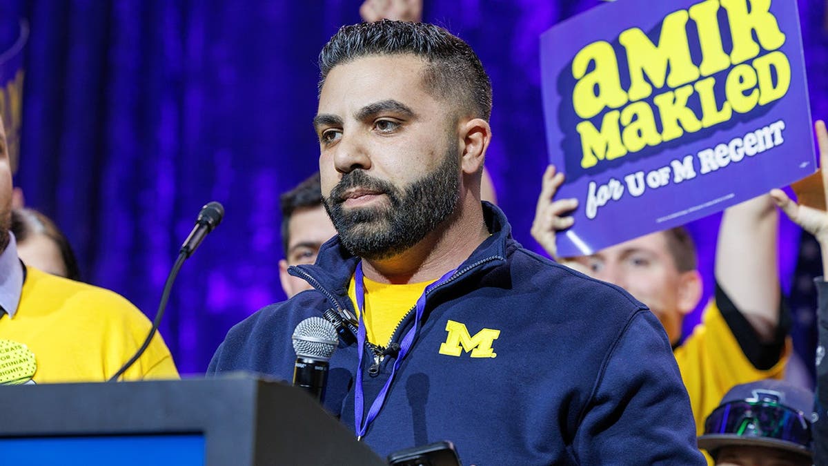 Amir Makled standing at a podium while accepting an endorsement in Detroit, Michigan.