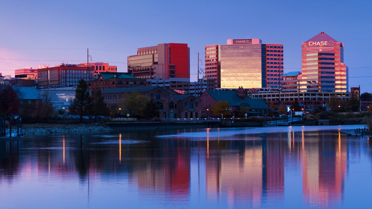 Wilmington Delaware skyline along the Christina River at dusk