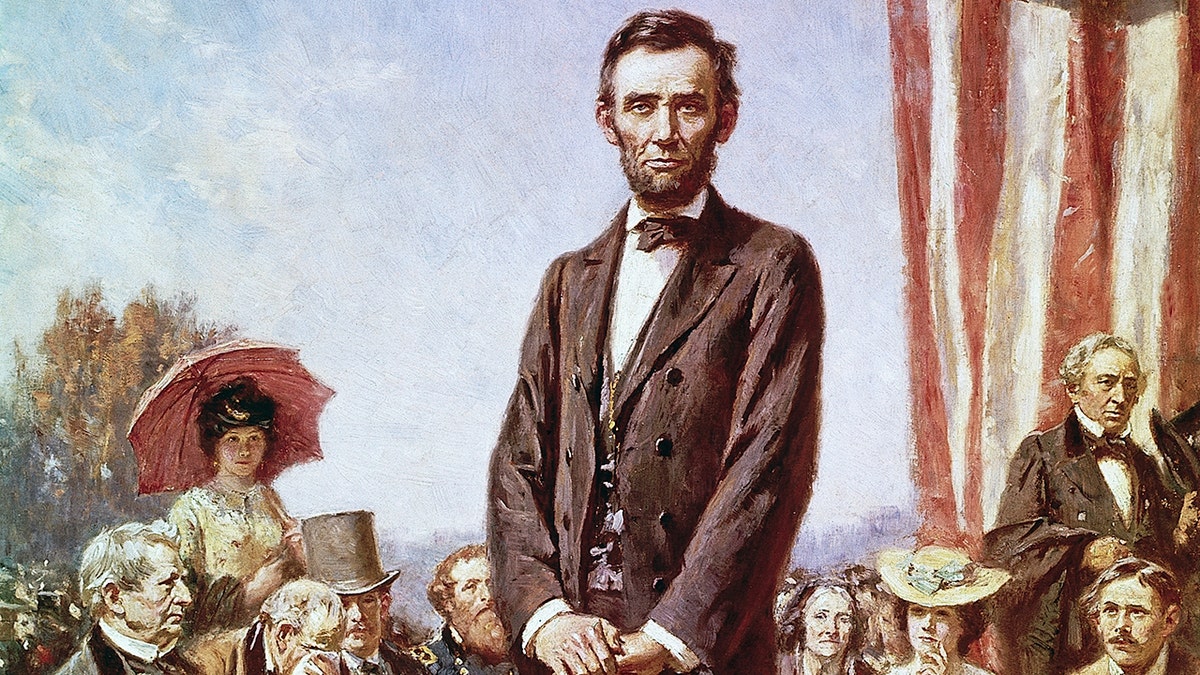 Abraham Lincoln delivering the Gettysburg Address at a podium