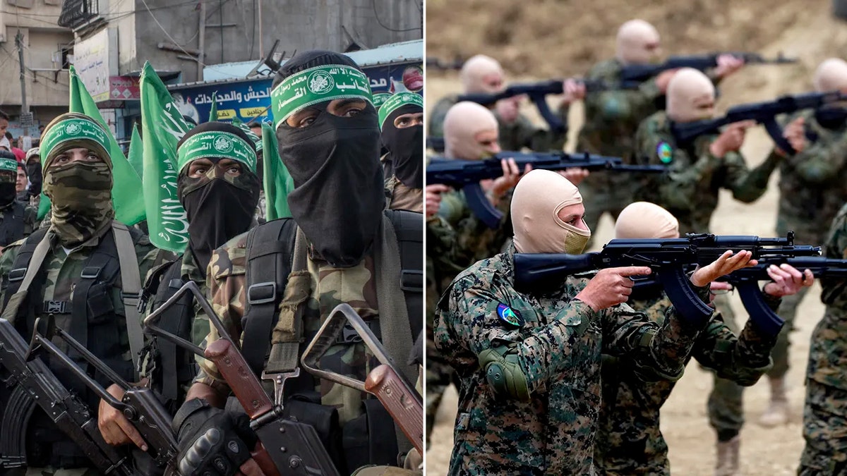 Hamas terrorists on left and Hezbollah Radwan forces on right in split-screen image