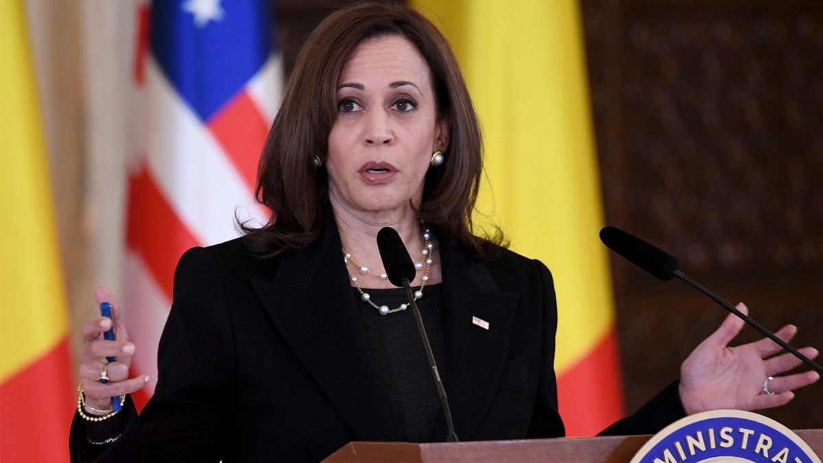 Vice President Kamala Harris speaking at a press conference with Romanian President Klaus Iohannis at Cotroceni Palace