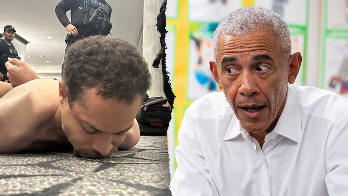 Split image of a man lying face down on the ground with police officers nearby and former President Barack Obama speaking in a separate photo.