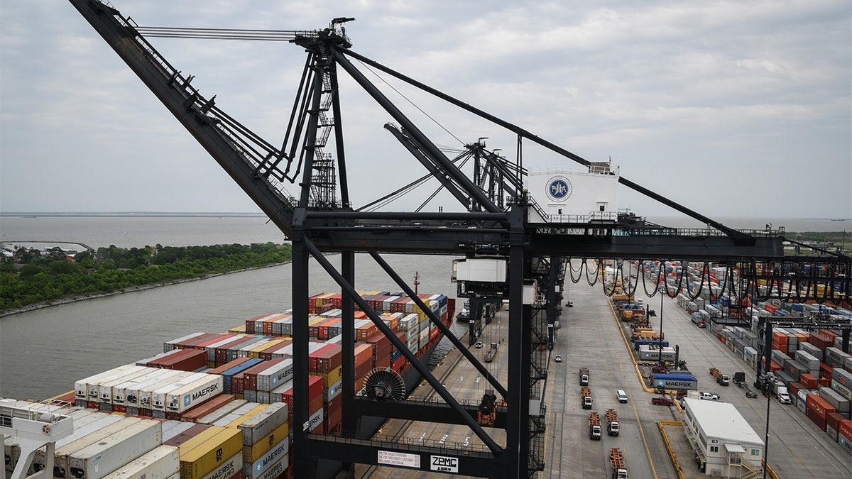 A gantry crane standing at the Port of Houston Bayport Container Terminal in Pasadena, Texas