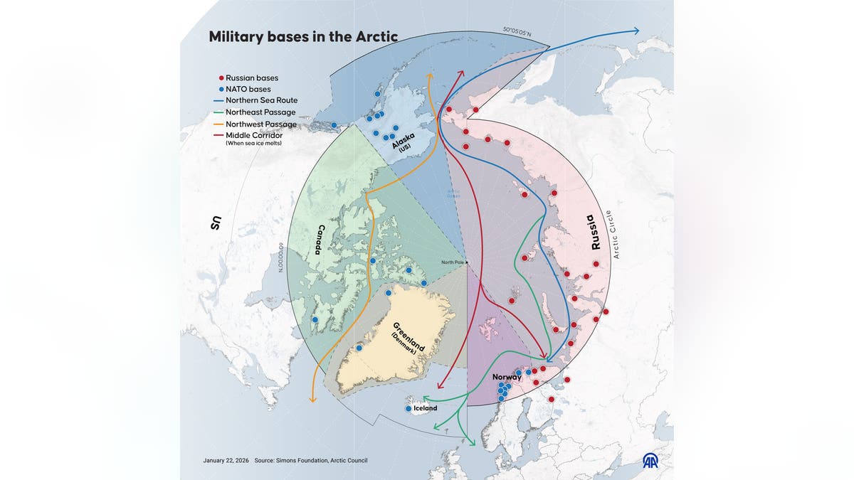 A map showing various military bases in the Arctic region.