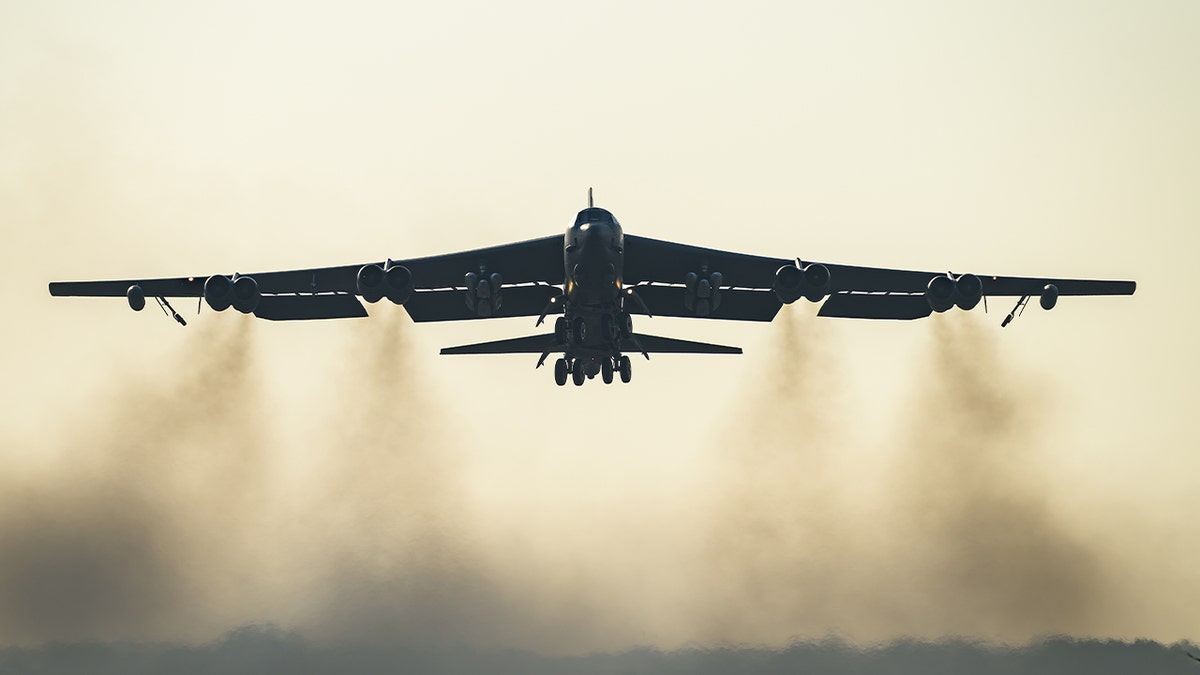 A United States Air Force B-52 Stratofortress strategic bomber takes off from RAF Fairford on March 19, 2026 in Fairford, England.