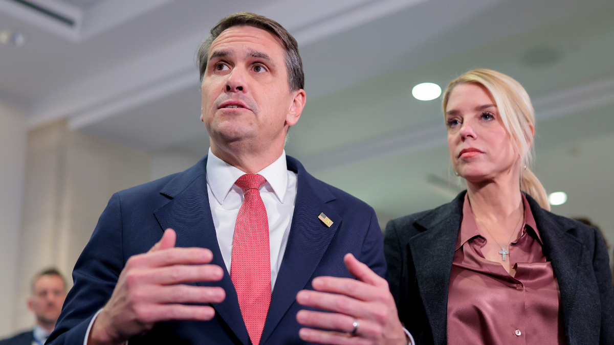 U.S. Acting Attorney General Todd Blanche and former Attorney General Pam Bondi speaking in the Capitol