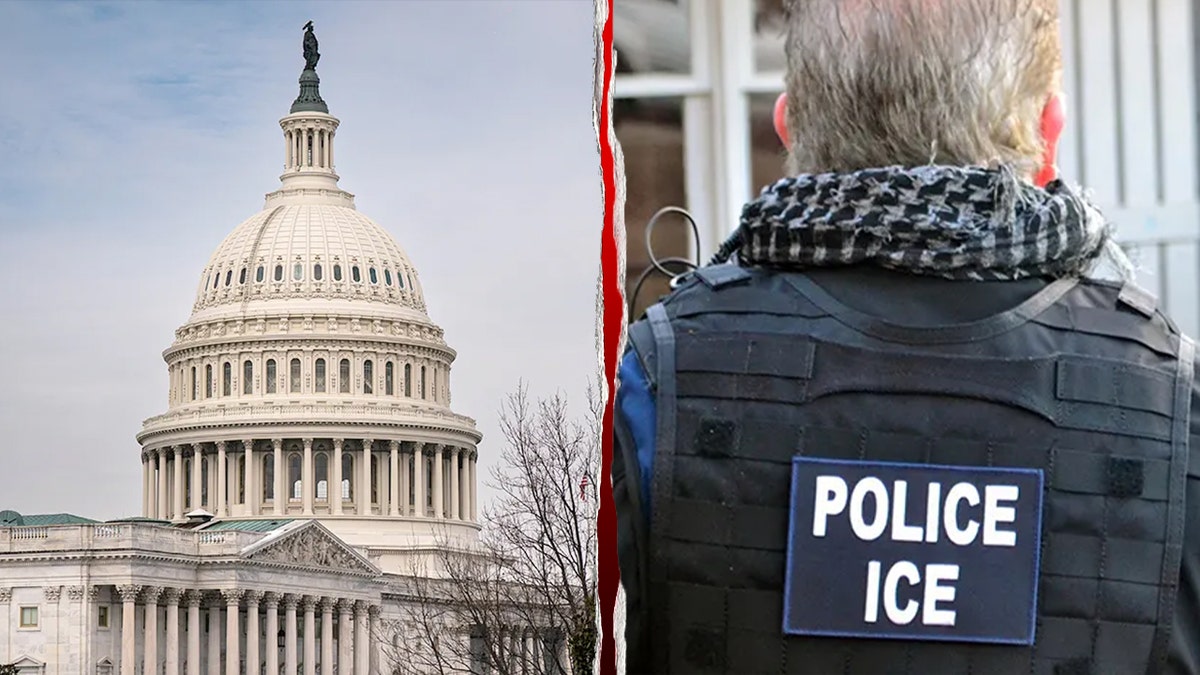 US capitol building (left) and back of ICE officer (right)