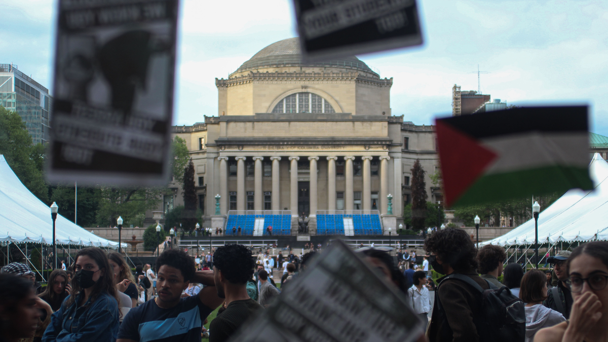 Protest stickers on doors at Butler Library on Columbia University campus