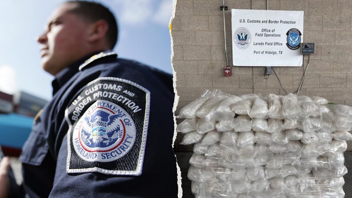 A CBP officer in uniform, left, pictured alongside an image of 908 pounds of narcotics in plastic packaging