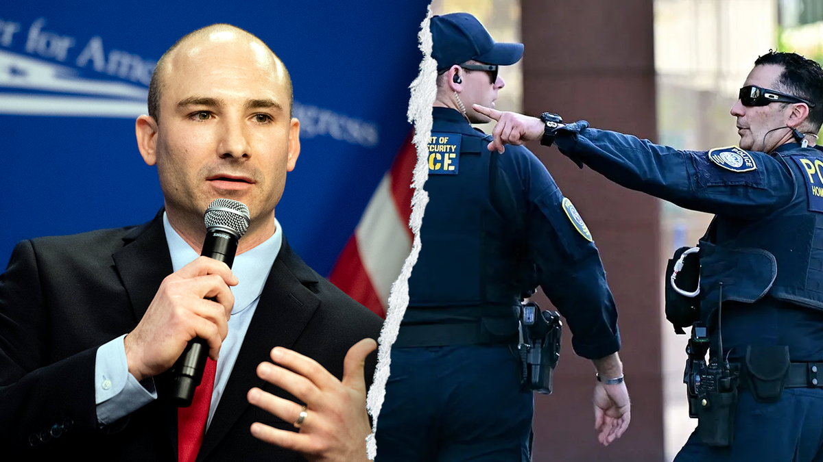 A split image depicting Steve Descano and Homeland Security officers