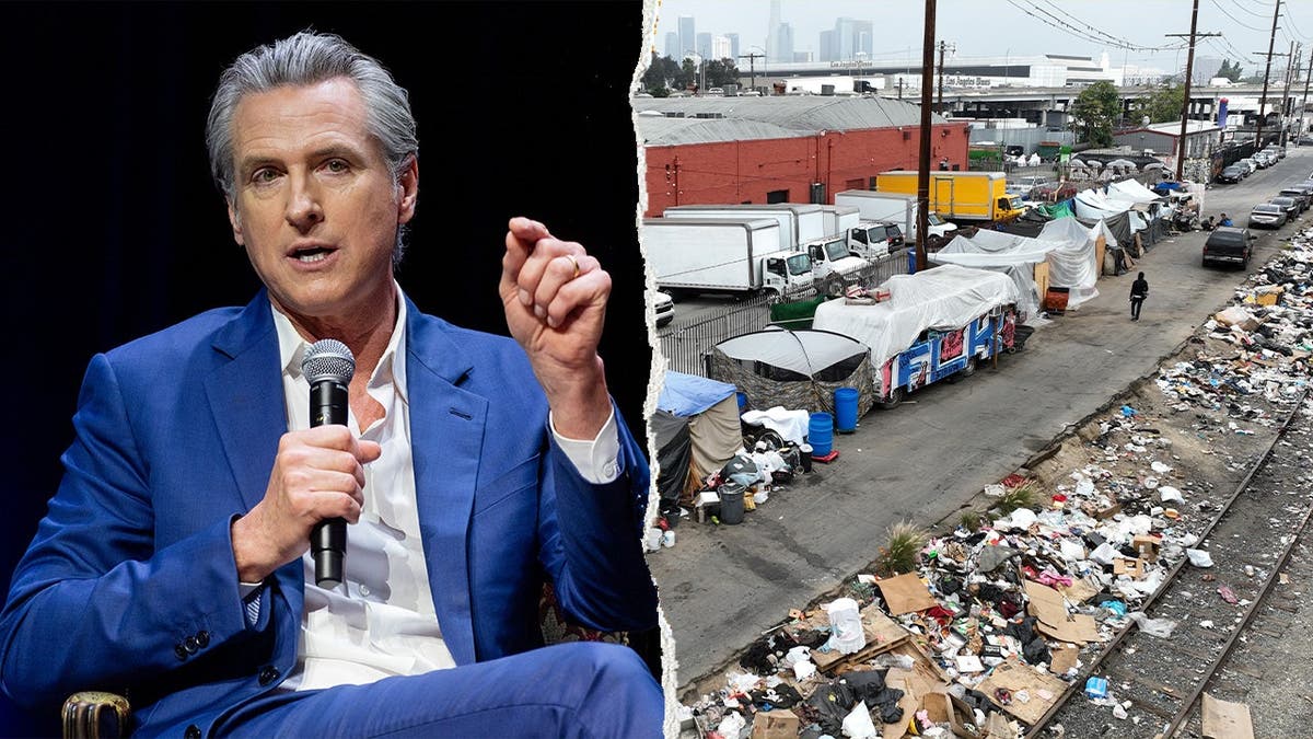 California governor Gavin Newsom, left, pictured alongside a homeless encampment, right