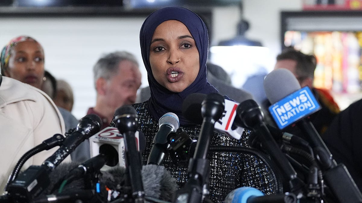 Rep. Ilhan Omar speaking at a press conference in Minneapolis